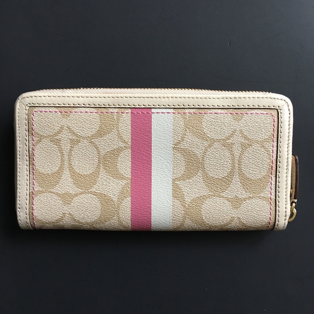 Coach Heritage Accordion Wallet Stripe Signature Tan Pink Monogram Canvas Zip - Picture 2 of 10